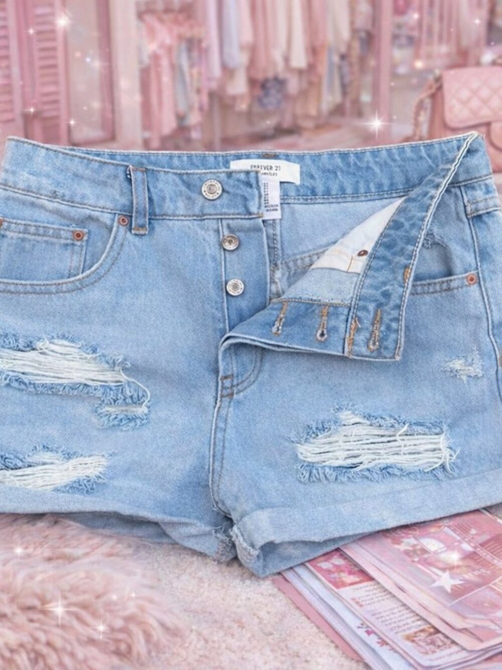Distressed Denim Shorts Light Wash Festival Frayed Cutoffs Y2K Vintage Style